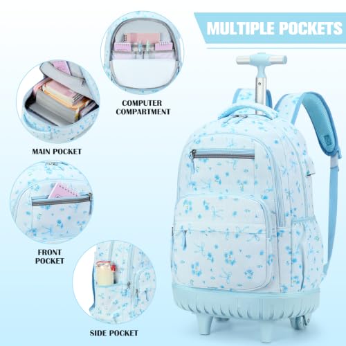 ACESAK Rolling Backpack for Girls - Roller Wheels School bag with Lunch Bag & Pencil Pouch for Teen Girls Kids Wheeled Suitcase Backpacks, Elementary Middle School Travel Daypack (Blue Bow)