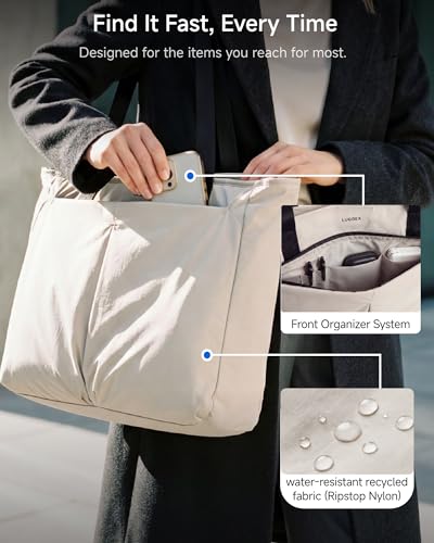 LUGGEX Laptop Tote Bag,13-16 Inch Laptop Lightweight Work Tote, 20L Water-Resistant Nylon Computer Shoulder Bag with Padded Sleeve, Bottle Holders & Luggage Strap (LTX04, Beige)