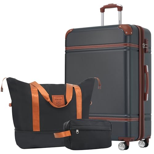 Merax Suitcase Set 28 inches Expandable Luggage with TSA Lock Spinner Wheels Hardshell Lightweight Vintage Luggage with Travel Bag,Black
