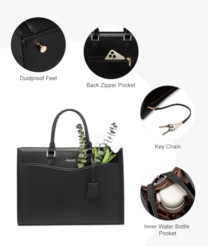 LOVEVOOK Laptop Tote Bag for Women, Leather Office Work Bag Briefcase fit for 15.6 inch Laptop, Large Teacher Computer Bag Handbag,2pcs Set Leather/Black
