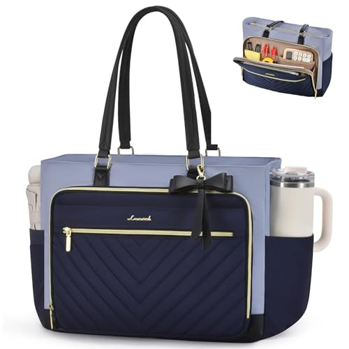 LOVEVOOK Tote Bag for Women, Work Bags Laptop Bag with Large Cup Holder, Quilted Nurse Bag Diaper Tote with Multi-Pockets, Large Computer Handbag Purse for Bussiness Travel, 15.6 Inch