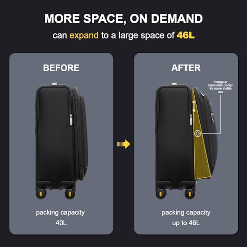 LEVEL8 Carry On Luggage with Compartment, 20 Inch Softside Expandable Travel Suitcase with Spinner Wheels, Top Opening Luggage, Men and Women, Black