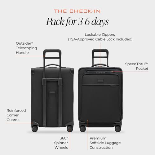 Briggs & Riley 24 Inch Compact Checked Suitcase Luggage with Wheels - Zipperless Compression Expansion System, 360 Spinner, Flat Packing Interior, Accessible Front Pocket - Baseline Collection - Black