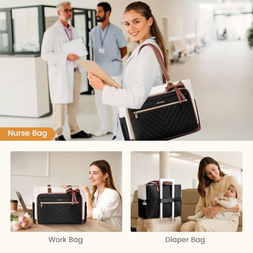 LOVEVOOK Tote Bag for Women, Work Bags Laptop Bag with Large Cup Holder, Quilted Nurse Bag Diaper Tote with Multi-Pockets, Large Computer Handbag Purse for Bussiness Travel, 15.6 Inch