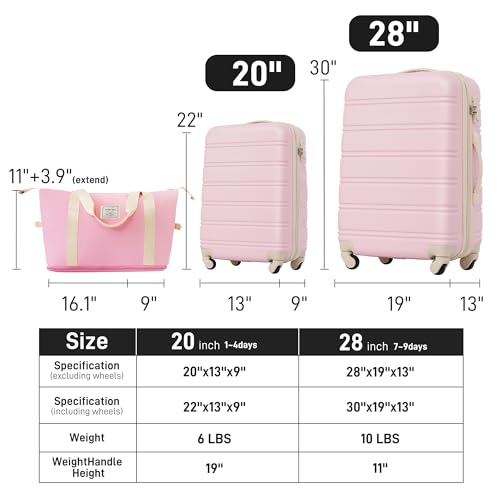 Merax 2 Piece Hardshell Luggage Set, 20”+28” Lightweight Suitcase with TSA Lock and a Travel Bag, Expandable Luggage with Spinner Wheels, Light Pink