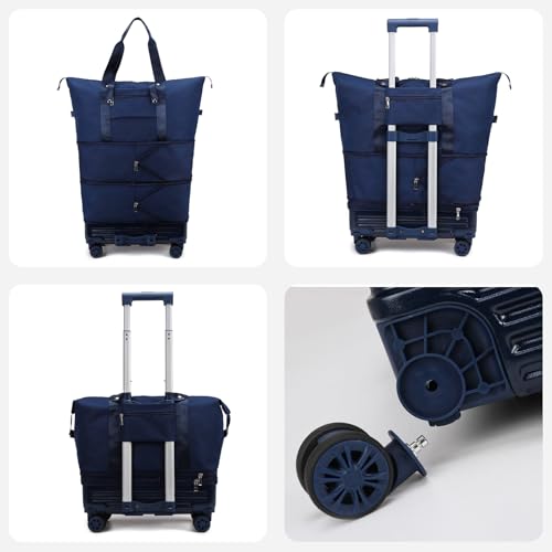 Dufanxi Expandable Rolling Travel Bag with Removable Wheels & Handle, Large Capacity Wheeled Duffle Tote, Foldable Carry On Luggage for Women, Lightweight Weekender Overnight Bag (DarkBlue)