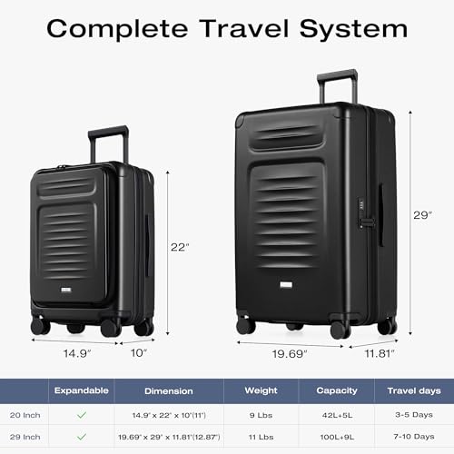 Coolife Luggage Sets Checked Suitcases - 2 Piece, Travel Carry on with Spinner Wheels, Expandable Hardside Large Suitcase with TSA Lock,20+29 Inch Black