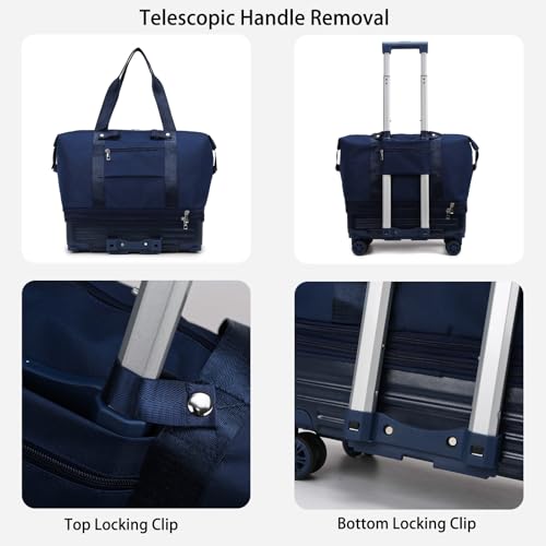 Dufanxi Expandable Rolling Travel Bag with Removable Wheels & Handle, Large Capacity Wheeled Duffle Tote, Foldable Carry On Luggage for Women, Lightweight Weekender Overnight Bag (DarkBlue)