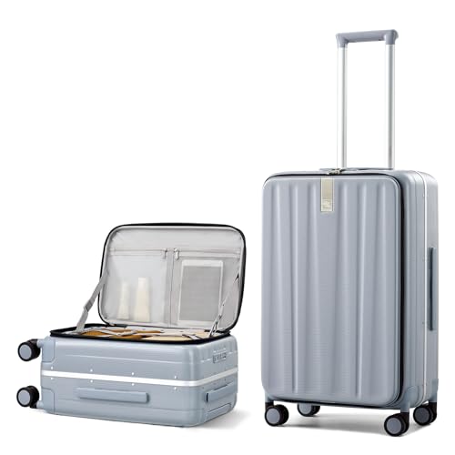 Hanke 24 Inch Checked Luggage with Spinner Wheels PC Hard Shell Suitcases Top Open Aluminum Frame Travel Luggage Rolling Suitcase for Woman Men.(Grey)