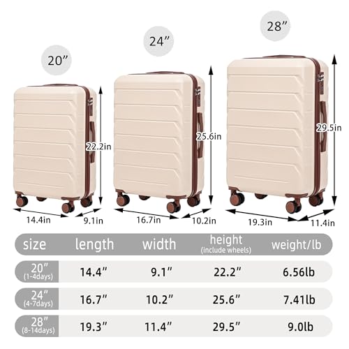 Hardside Luggage Sets, Lightweight Stripes Suitcase with Spinner Wheels, Beige-220
