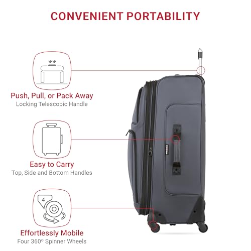SWISSGEAR Sion Softside Expandable Spinner Luggage Durable Lightweight Travel Suitcase, Dark Grey, Checked-Large