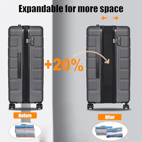 KEYTANG 3-Piece Hardshell Luggage Set(20/24/28), Lightweight Expandable Suitcase with TSA Lock and Double Spinner Wheels, 20% Expansion for Extra Packing, Carry-On and Checked Bags, Grey