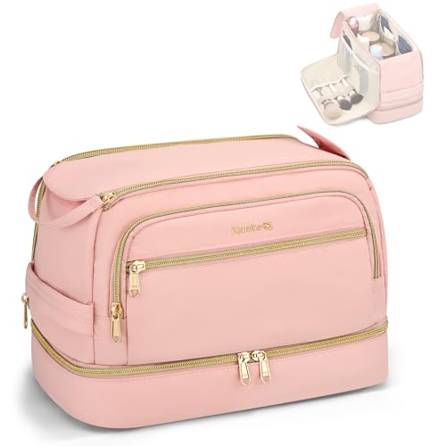 Hanke Travel Toiletry Bag, Lightweight Wide-open Makeup Bag, Dual-Layer Travel Bag for Toiletries Water-Resistant Cosmetic Bags Large Toiletry Bags for Women & Men, Travel Essentials, Pink