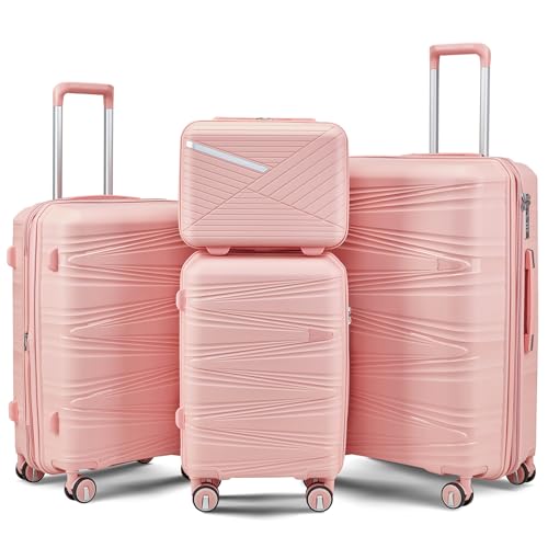 TRAVELEO 4 Piece Luggage Set PP Hardshell, Expandable Suitcase Set (20/24/28) with 14" Cosmetic Case, Lightweight Spinner Wheels with TSA Lock, Detachable Wheels for Nesting Storage (Pink)