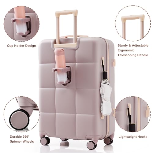 MoBtovs 3 Piece Luggage Set, ABS Hardside Suitcase Set (20/24/28) with Cup Holder and Spinner Wheels, Hook Up, Multiple Color Options, Suitable for Long-Term Travel, Rosy Brown