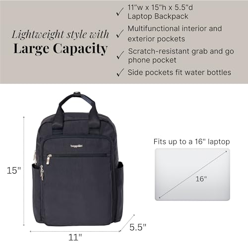 Baggallini Commuter Laptop Backpack - Lightweight 15x11 Travel Backpack w/RFID & Luggage Sleeve