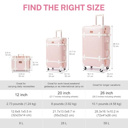 urecity Vintage Luggage Sets of 3 Piece - Hardside Lightweight Spinner Suitcases - Retro Travel Set includes Under Seat Train Case, 26"+20"+12" (Elegant Pink)