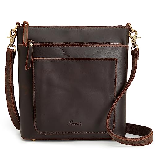 S-ZONE Leather Crossbody Bag for Women Vintage Cross Body Bags Shoulder Purse Ladies Medium Handbag with Multi Pockets