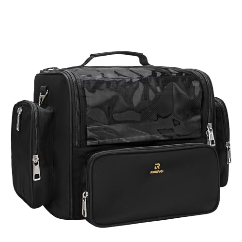 Makeup Brush Bag, Clear Makeup Brush Holder with Lid, Extra Large Capacity Travel Cosmetic Bag Makeup Artist Must Haves, Black Makeup Case, Make Up Organizers and Storage, with Adjustable Dividers