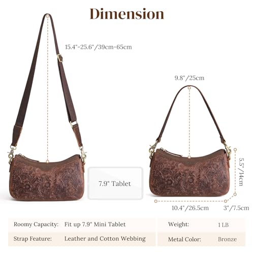 S-ZONE Leather Shoulder Bag for Women Small Crossbody Bags Hobo Purses with 2 Straps (Rose Pattern Dark Brown)