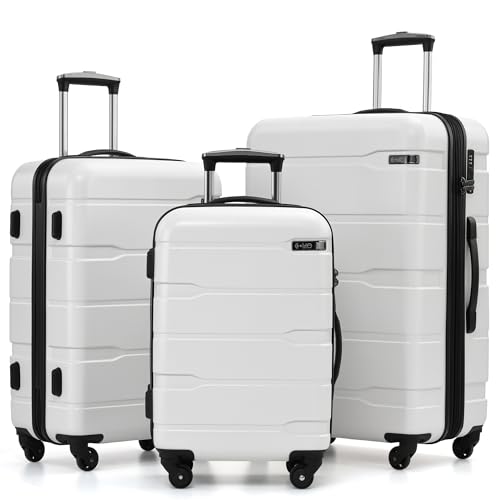 Coolife Luggage Set 3 Piece Hardside PC+ABS Suitcase with TSA Lock, Expandable Large Checked Luggage, Lightweight Rolling Carry On with Spinner Wheels(20/24/28 Inch, White)