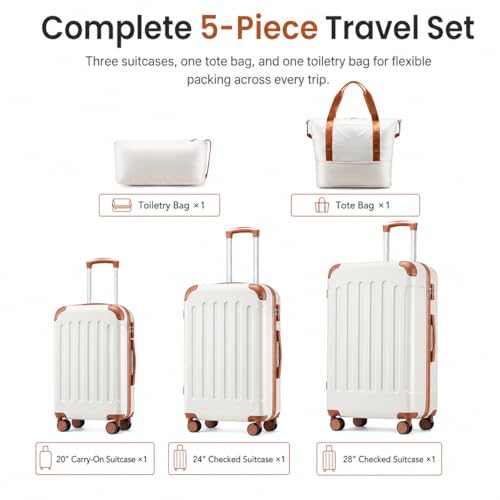 YOETEY Luggage Sets 5 Piece, Hardside Suitcase with Wheels, TSA Approved, White Brown