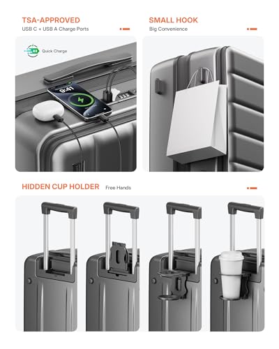 ISLAND ELEPHANT Expandable 20Inch Carry On Luggage Airline Approved - Top Opening Hardside Travel Suitcase Unbreakable -with Cup Holder,USB Charge,Side Pothook, 360°Spinner Wheels, TSA Lock-Grey