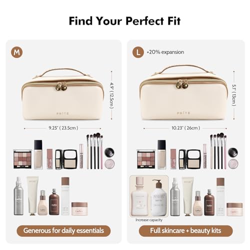 Prite Makeup Bag for Women Travel Waterproof Vegan Leather Cosmetic Bag Open Flat Toiletry Bag With Clear Divider and Handle (Beige, Medium)