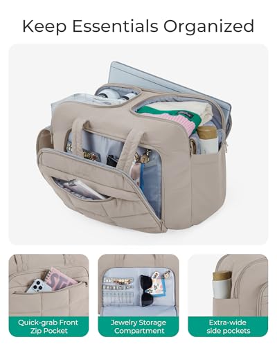 BAGSMART Travel Duffel Bag, Carry on Travel Bag with Jewelry Compartment, 35L Weekender Duffle for Women, Water Resistant, Light Tan