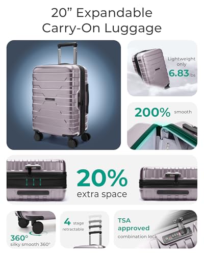 BAGSMART Carry On Luggage 22x14x9 Airline Approved with Spinner Wheels,Lightweight 20 Inch Luggage with TSA Lock,Expandable Hard Shell Carry On Suitcases for Men Women,Rose Purple