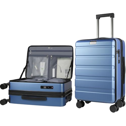 KROSER Carry On Luggage with Spinner Wheels & Built-in TSA Lock, Expandable Top Opening Hard Shell Suitcase Large Capacity Durable Rolling Luggage with USB Port, Carry-On 20-Inch, Light Blue