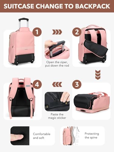 Tonyeee Rolling Backpack for Women, Large Travel Backpack with Wheels Carry on Flight Approved, 15.6 Inch Laptop Wheeled Roller Bag Suitcase for Work Bussiness Weekender (Pink,M Underseat Size)