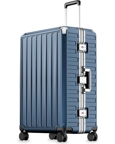LUGGEX Checked Suitcase with Spinner Wheels, 8010S Aluminum Frame Zipperless Polycarbonate Hard Shell Suitcase (ZX-Core, Blue, 28 Inch)