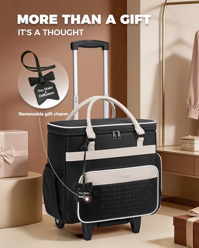 Ytonet Rolling Laptop Bag with Insulated Lunch Box, 15.6 In Rolling Briefcase for Women with Large Cup Holder, Detachable Trolley Roller Underseat Bags for Work, Office, Teacher, Travel, Black Beige