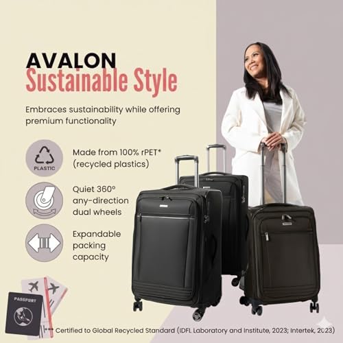Ricardo Beverly Hills Avalon Softside Luggage Made with Sustainable 100% Recycled PET (rPET), Lightweight, Eco-Friendly Travel, Expandable, Dual Spinner Wheels, Black, 20-inch