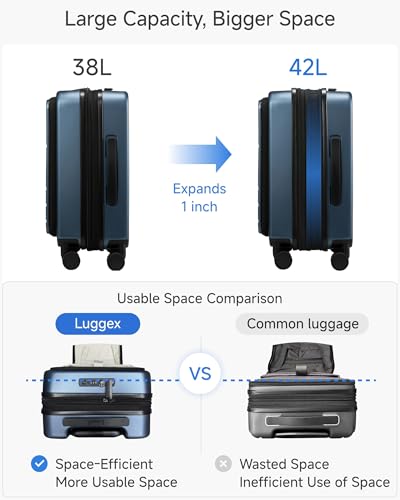LUGGEX Carry On Luggage 22x14x9 Airline Approved, Expandable Polycarbonate Suitcase with Front Pocket (FX-Core, Blue, 20 Inch)