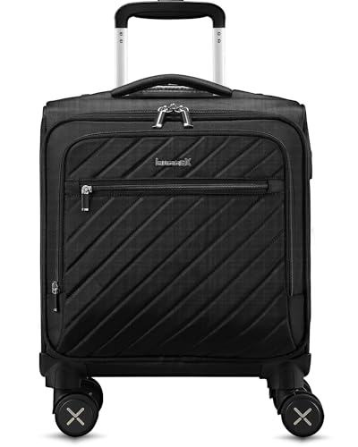 LUGGEX Carry On Luggage with Spinner Wheels - Stylish Lightweight UnderSeat Luggage - Soft Sided Small Suitcase with Front Open Design for Travel, Business (UX-Core, Black, 15 Inch)