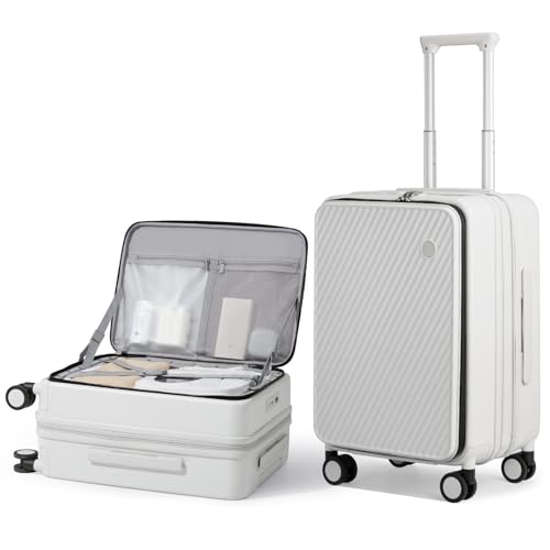 mixi 20 Inch Expandable Carry On Luggage PC Hard Shell Suitcase Top Opening Rolling Travel Suitcases with Spinner Wheels & TSA Lock, Smoke White