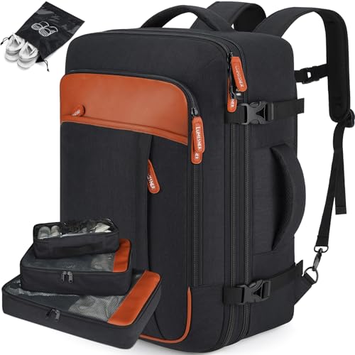 Lumesner Carry on Travel Backpacks, Extra Large 40L Flight Approved Bag for Men & Women,Expandable Suitcase Backpack With 4 Packing Cubes,Water Resistant Luggage Daypack Business Weekender Bag, Black