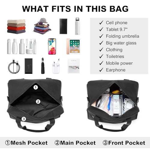 Kono Travel Duffel 20L Under Seat Carry-On Sports Tote Gym Weekender Overnight Bag - 15.75"x9.84"x7.87" Black