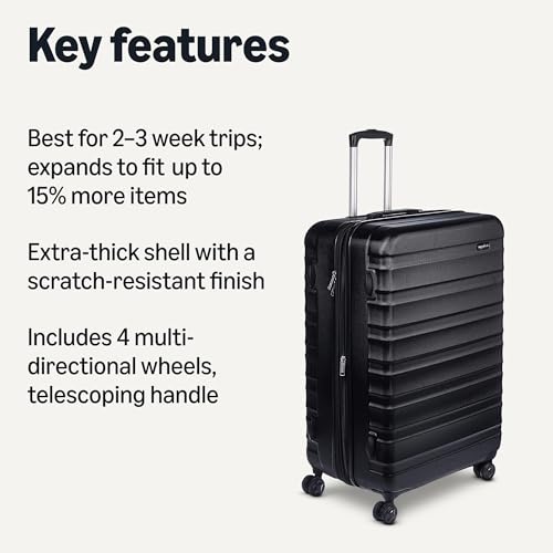 Amazon Basics 30" Hardside Large Checked Luggage, Hardshell Suitcase With Four Multi-directional Wheels, Expandable For Up to 15% More Space, Scratch-Resistant Shell, Black