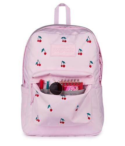 JanSport Superbreak Plus FX Backpack - Work, Travel, or Laptop Bag with Water Bottle Pocket - Pink Ice Cherry Emb