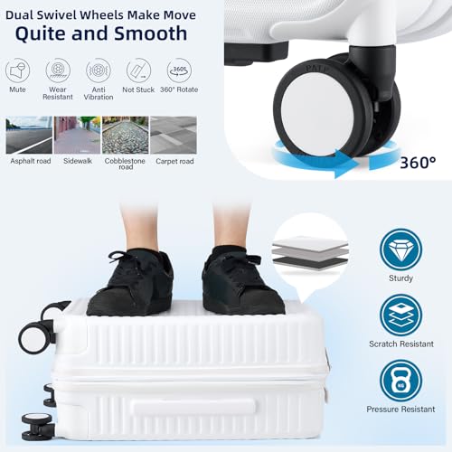 HanTrip Hard Shell Suitcases Expandable Travel Luggage Sets 3 Piece, Carry on and Check in 3 Piece Luggage Suitcase Sets with Spinner Wheels Cup Holder Charger Built in (White, 20/24/28)