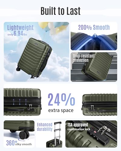 LIGHT FLIGHT Expandable Carry On Luggage 22x14x9 Airline Approved with Double Spinner Wheels, 20 Inch Lightweight Hard Shell Rolling Suitcases with TSA Lock, Olive