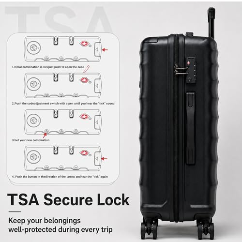 CONCEPTEN Luggage Sets, 5 Piece Durable Suitcase Set with Spinner Wheels, ABS Hard Shell Lightweight Luggage with TSA Lock, Large Checked Travel Suitcases, 20/24/28 Inch, Black