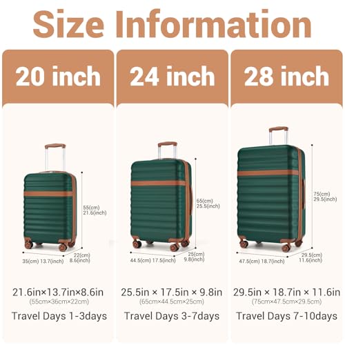 Kono Luggage Set 3 Pieces Expandable PC ABS Durable Suitcase Hardside with Double Spinner Wheels Tsa Lock Green(20in/24in/28in)
