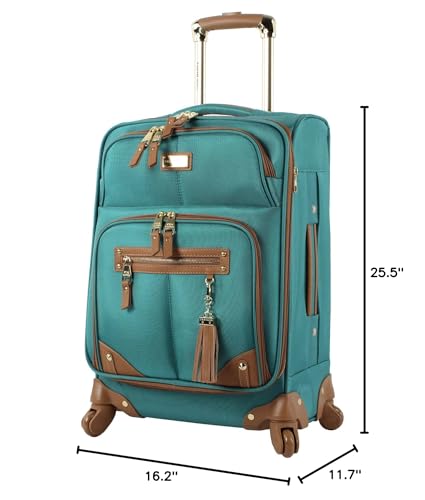 Steve Madden Designer Luggage Collection - Lightweight 24 Inch Expandable Softside Suitcase - Mid-size Rolling 4-Spinner Wheels Checked Bag (Harlo Teal Blue)