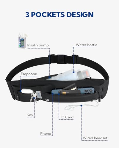 WATERFLY Running Belt Fanny Pack: Runner Marathon Jogging Waist Pack Sport Workout Exercise Fitness Phone Holder Belt for Men Women Jogger Slim Waist Bag Black