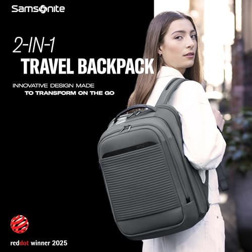 Samsonite Paralux 2-in-1 Travel Backpack, Converts into Main Bag + Go Bag, Lay-Flat Packing, StackIt™ Strap, Laptop Sleeve & Integrated AirTag™ Holder - Business & Adventure Travel Bag - Stone Grey