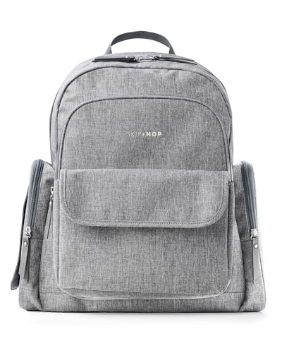 Skip Hop Diaper Bag Backpack with Portable Changing Pad, 9 Total Pockets, Easy-Access Wipes Pocket, Zippered Side Pocket, Luggage Sleeve & Stroller Straps, Fits a 15” Laptop, Luna, Heather Grey